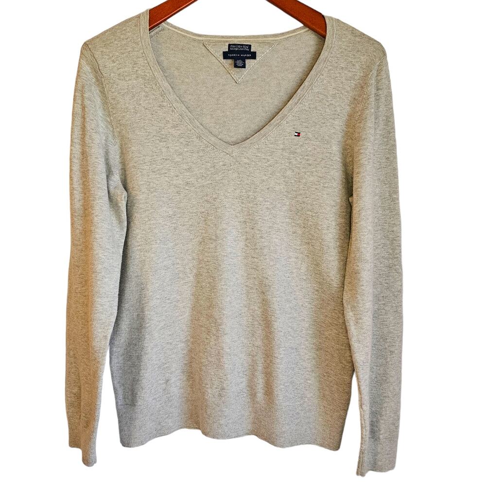 Tommy Hilfiger Grey Pima V-Neck Preppy Heritage Academia Logo Pullover Sweater